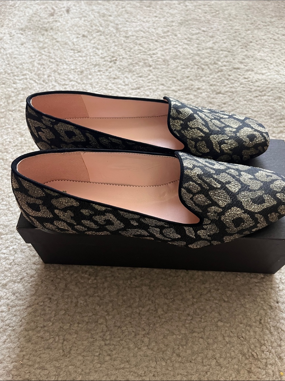 J. Crew Black and Gold Smoking Slipper in Metallic Leopard-Print